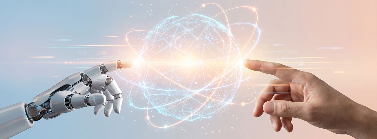 Eine Roboterhand und eine menschliche Hand zeigen auf einander und in der Mitte entsteht ein Energiefeld in Form von einem Atomium