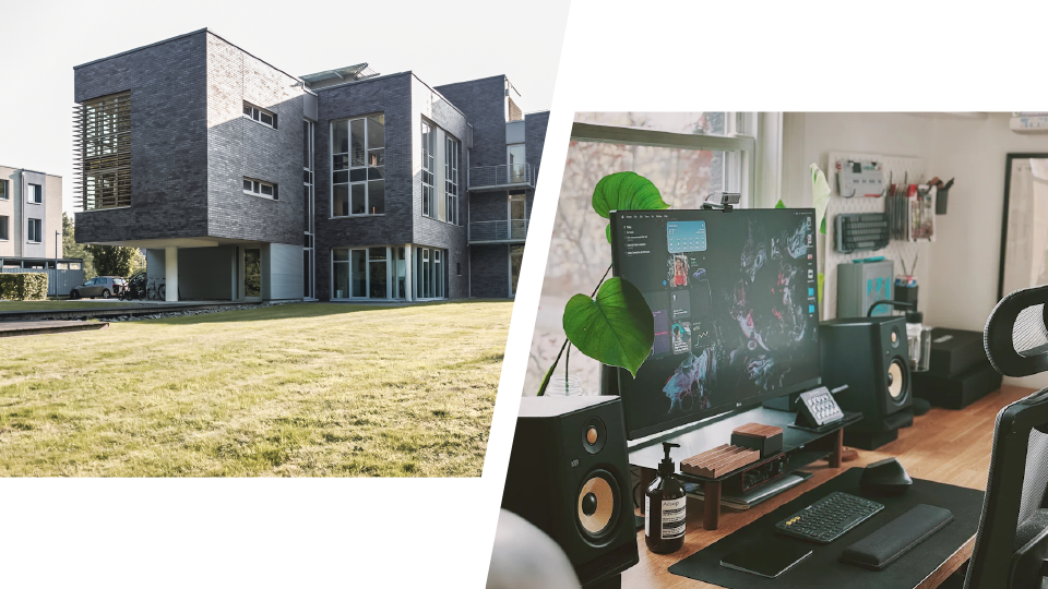 Zwei Bilder gegenüber gestellt: BISS Firmengebäude und ein symbolischer HomeOffice-Arbeitsplatz