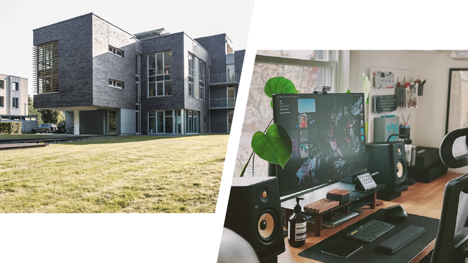 Zwei Bilder gegenüber gestellt: BISS Firmengebäude und ein symbolischer HomeOffice-Arbeitsplatz
